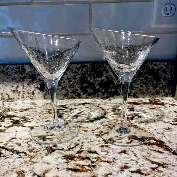 Set of 2 Pier 1 crackle glass slanted rim martini glasses